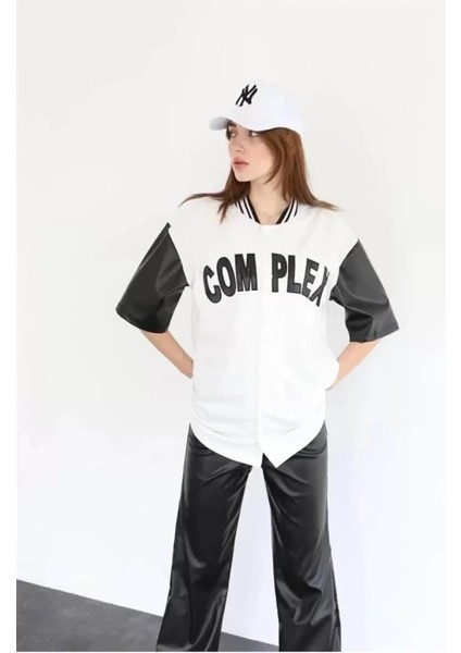 Miracotton Complex Kolları Deri Kolej Oversize T-Shirt - Beyaz fiyatları