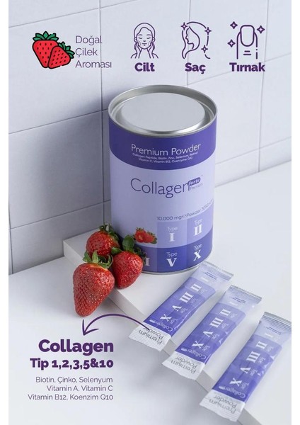 Powder Collagen 300G, 5 Tip Toz Kolajen 10.000MG x 30 Şase & Multivitamin Çilek Aromalı