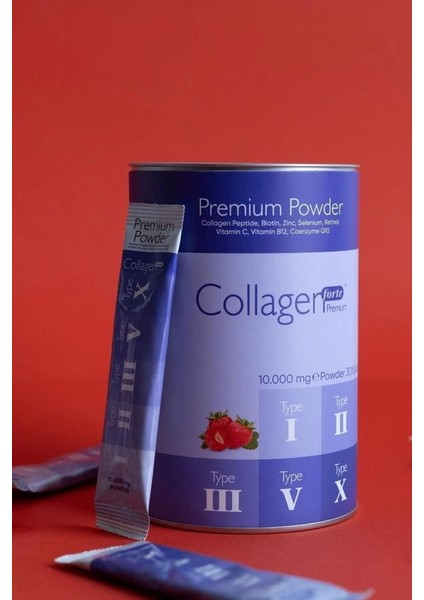Powder Collagen 300G, 5 Tip Toz Kolajen 10.000MG x 30 Şase & Multivitamin Çilek Aromalı