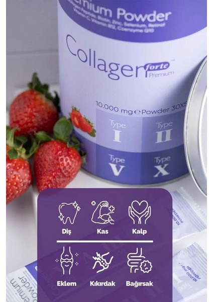 Powder Collagen 300G, 5 Tip Toz Kolajen 10.000MG x 30 Şase & Multivitamin Çilek Aromalı