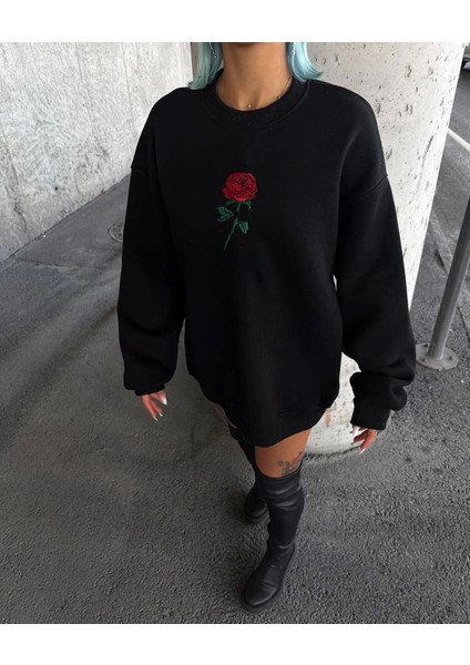 Oversize Üç Iplik Bisiklet Yaka Baskılı Sweatshirt - Siyah fiyatları