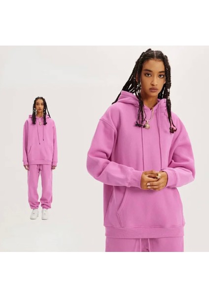 Özel Tasarım Kapüşonlu Baskısız Düz Renk Şardonlu Kışlık Dış Mekan Kadın Eşofman Takımı