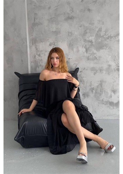 Dipmoda kadın madonna yaka piliseli şifon elbise DPK2099