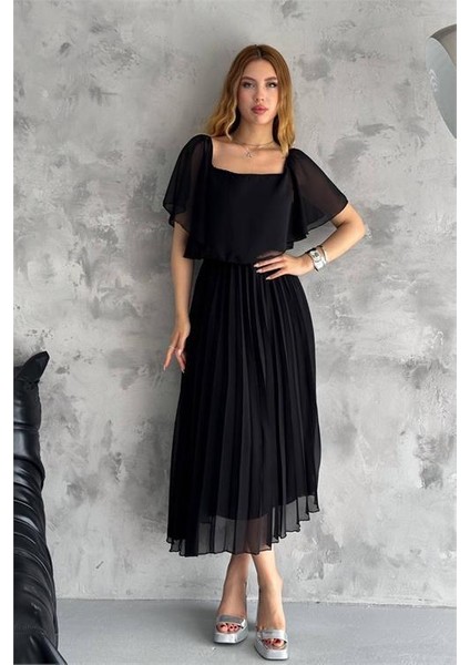 Dipmoda kadın madonna yaka piliseli şifon elbise DPK2099