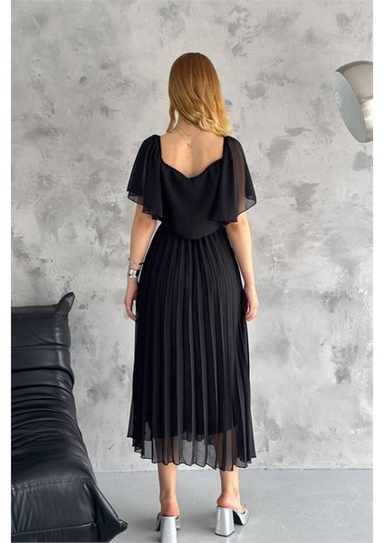 Dipmoda kadın madonna yaka piliseli şifon elbise DPK2099
