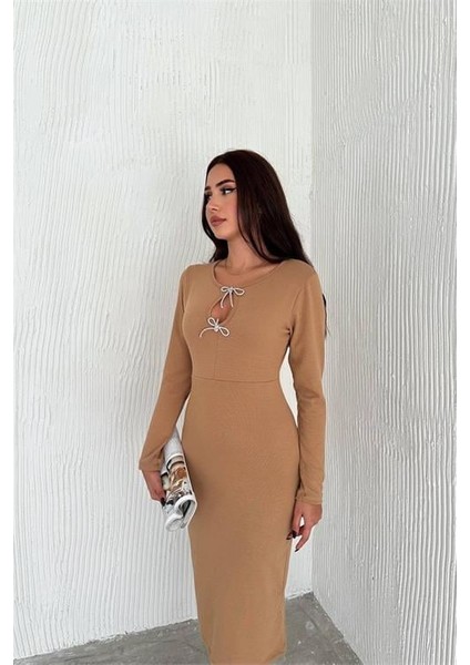 Dip Moda Kadın Camel Fiyonk Detaylı Triko Elbise DPNBK3015