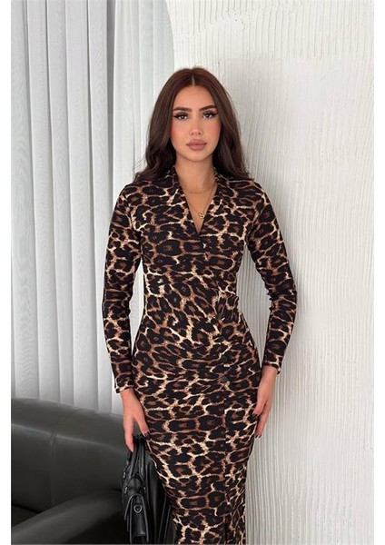 Dip Moda Kadın Leopar Desenli Düğme Detaylı Elbise DPNBK3004-1