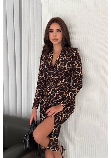 Dip Moda Kadın Leopar Desenli Düğme Detaylı Elbise DPNBK3004-1