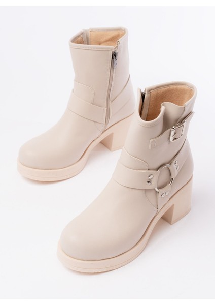 Bej Toka Aksesuarlı Fermuarlı Kalın Topuklu Günlük Kadın Bot modelleri