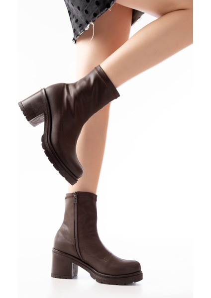 Streç Kahve Fermuarlı Kalın Topuklu Günlük Kadın Bot fiyatları