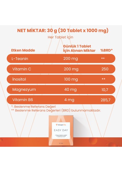 Easy Day L-Teanin, Vitamin C, İnositol ve Magnezyum İçeren Takviye Edici Gıda 30 Tablet