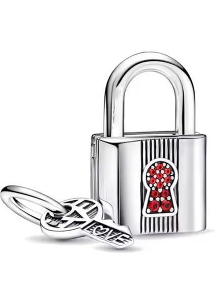 Asma Kilit ve Anahtar Sallantılı Gümüş Kırmızı Charm