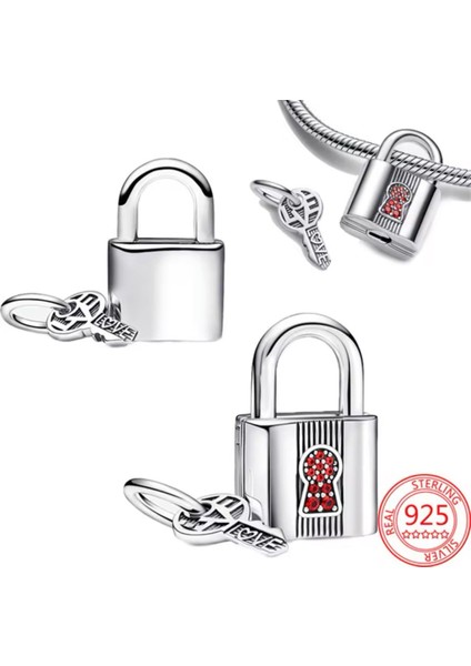 Asma Kilit ve Anahtar Sallantılı Gümüş Kırmızı Charm fiyatları