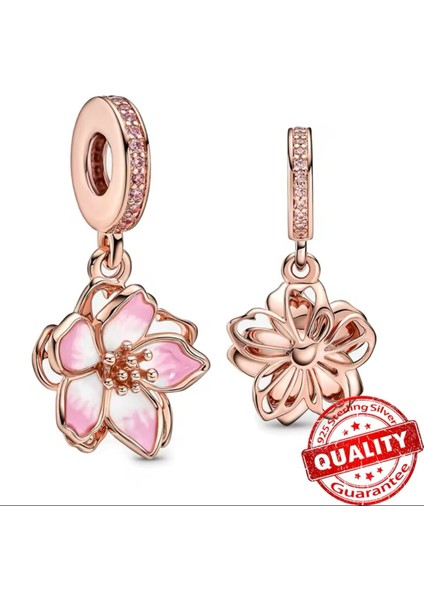925 Ayar Gümüş Pembe Kiraz Çiçeği Sallantılı Charm