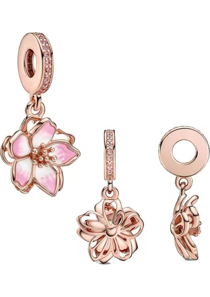 925 Ayar Gümüş Pembe Kiraz Çiçeği Sallantılı Charm