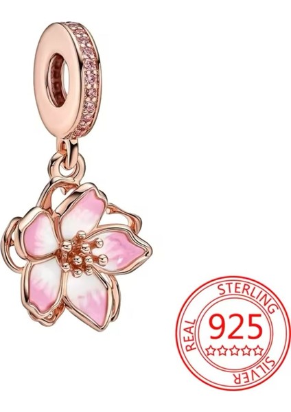 925 Ayar Gümüş Pembe Kiraz Çiçeği Sallantılı Charm