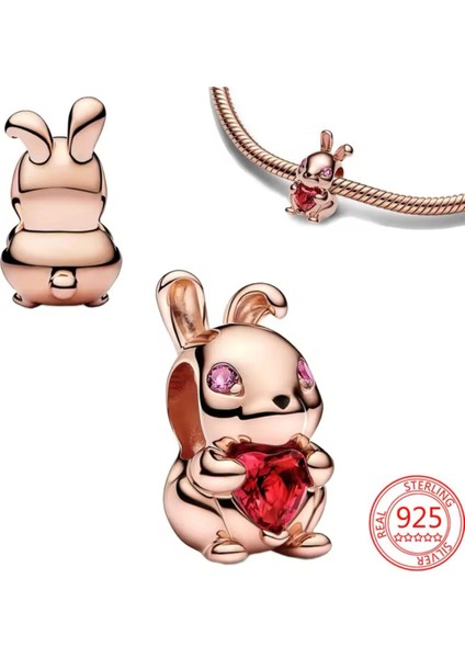 Rose Gümüş Kırmızı Kalp Taşlı Tavşan Charm fiyatları