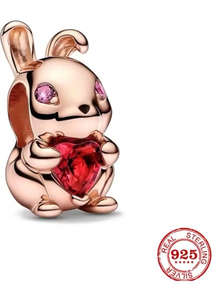 Rose Gümüş Kırmızı Kalp Taşlı Tavşan Charm modelleri