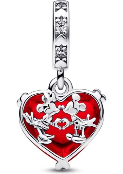 Disney Mickey & Minnie Mouse Öpücük Kırmızı Murano Cam Sallantılı Charm