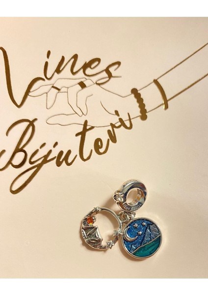 Gece ve Kamp Gökyüzü Çift Sallantılı 925 Ayar Gümüş Charm