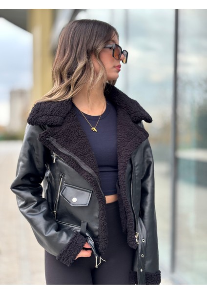 Içi Komple Kürklü Lamine Deri Kruvaze Kadın Mont