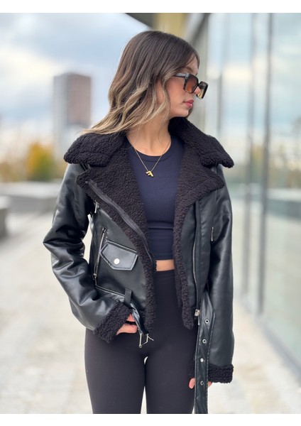 Içi Komple Kürklü Lamine Deri Kruvaze Kadın Mont modelleri