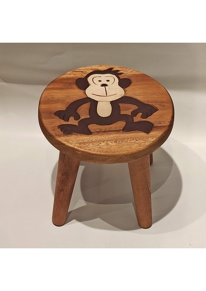 Maymun Figürlü Çocuk Taburesi / Ahşap Boyalı ve Oymalı Çocuk Tabure (Portatif Ayaklı )Yükseklik: 24 Cm, Çap: 26 cm