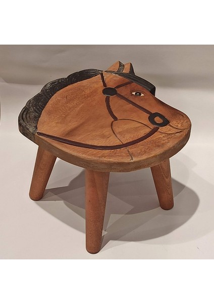 At Figürlü Çocuk Taburesi / Ahşap Boyalı ve Oymalı Çocuk Tabure (Portatif Ayaklı )Yükseklik: 24 Cm, Çap: 26 cm Model 1