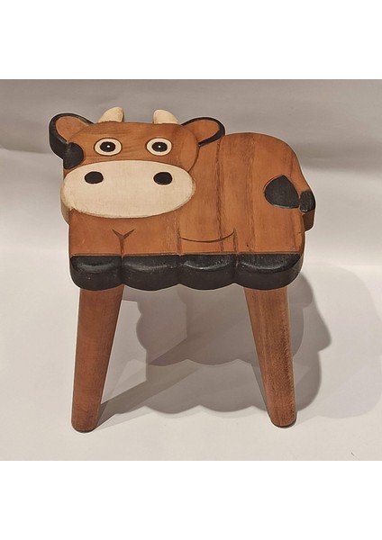 Inek Figürlü Ahşap Çocuk Taburesi / Ahşap Boyalı ve Oymalı Çocuk Tabure (Portatif Ayaklı )Yükseklik: 24 Cm, Çap: 26 cm