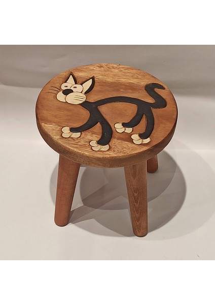 Kedi Figürlü Ahşap Çocuk Taburesi / Ahşap Boyalı ve Oymalı Çocuk Tabure (Portatif Ayaklı )Yükseklik: 24 Cm, Çap: 26 cm Model 1