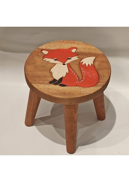 Tilki Figürlü Ahşap Çocuk Taburesi / Ahşap Boyalı ve Oymalı Çocuk Tabure (Portatif Ayaklı )Yükseklik: 24 Cm, Çap: 26 cm