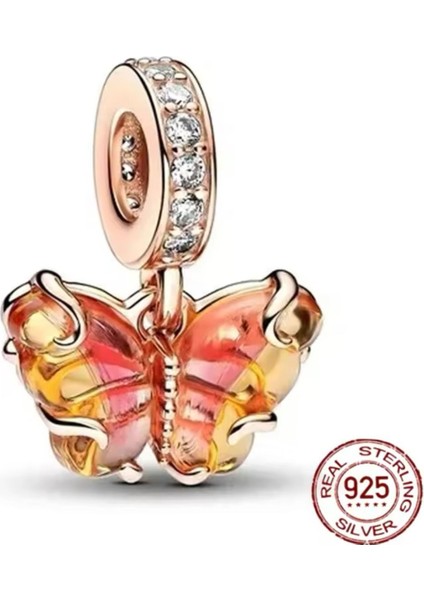 Tarz Pembe ve Sarı Murano Camı Kelebek Sallantılı Charm