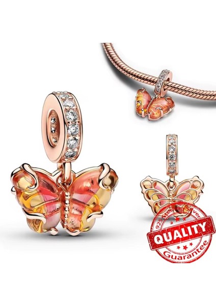 Tarz Pembe ve Sarı Murano Camı Kelebek Sallantılı Charm