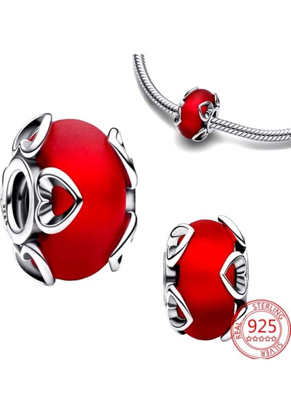 Buzlu Kırmızı Murano & Kalpler Charm