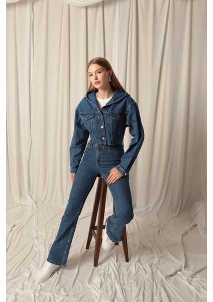 Denim Kumaş Kapüşonlu Kısa Kadın Lacivert Kot Ceket