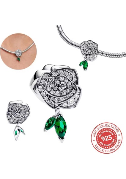 Açan Işıltılı Gümüş Gül Charm