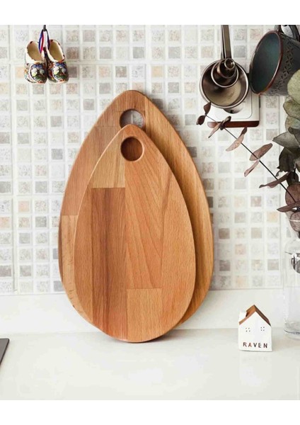 Damla Doğal Ahşap Kesme Tahtası ve Sunum Tahtası 2'li Set, Kayın Ağacı