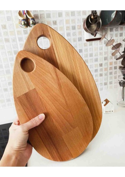 Damla Doğal Ahşap Kesme Tahtası ve Sunum Tahtası 2'li Set, Kayın Ağacı modelleri