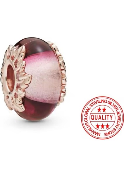 925 Ayar Pembe Murano Camı ve Yaprak Charm'ı