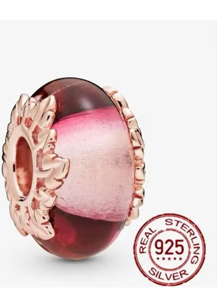 925 Ayar Pembe Murano Camı ve Yaprak Charm'ı