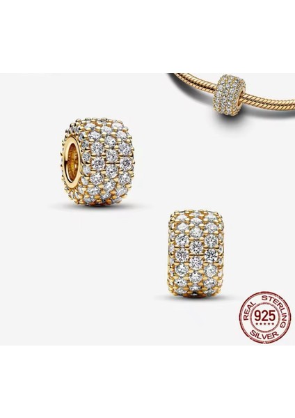 925 Ayar Gümüş Gold Renk Işıltılı Pavé Üç Sıralı Charm