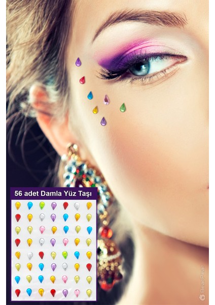 Renkli Teardrop Göz Yaşı Şeklinde Yüz ve Vücut Taşı Face Gems 56 Parça