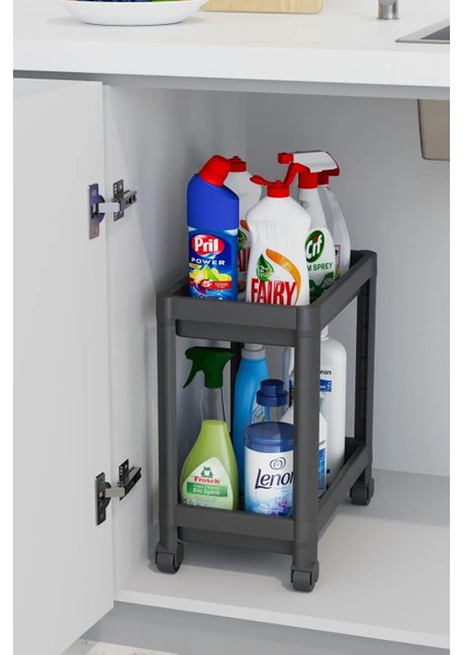 2 Katlı Tekerlekli Düzenleyici Raf, Banyo Dolabı, Mutfak Tezgah ve Evye Altı, Siyah