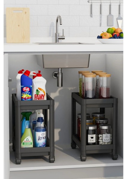 2 Katlı Tekerlekli Düzenleyici Raf, Banyo Dolabı, Mutfak Tezgah ve Evye Altı, Siyah modelleri