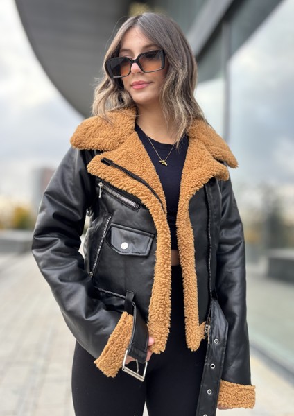 Içi Komple Kürklü Lamine Deri Kruvaze Kadın Mont