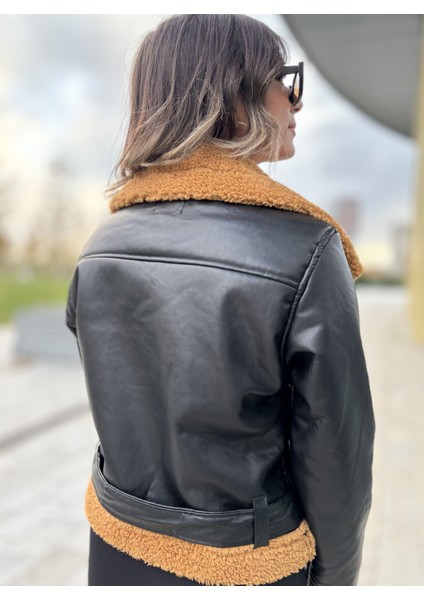Içi Komple Kürklü Lamine Deri Kruvaze Kadın Mont modelleri