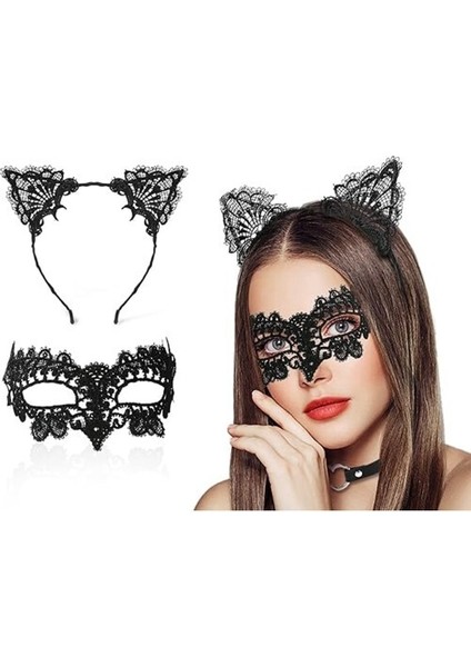 Siyah Renk Dantel Maske ve Dantel Kulak Taç Seti Yetişkin fiyatları