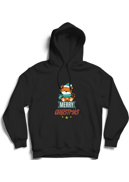 Merry Christmas, Cute Cat, Kedi, Noel, Yeniyıl, Yılbaşı Unisex Pamuk Kapüşonlu Sweatshirt Hoodie