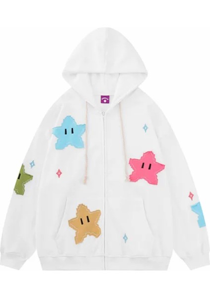 Özel Tasarım Kapüşonlu Tam Fermuarlı Renkli Yıldızlar Baskılı Kışlık Kız Çocuk Şık Sweatshırt