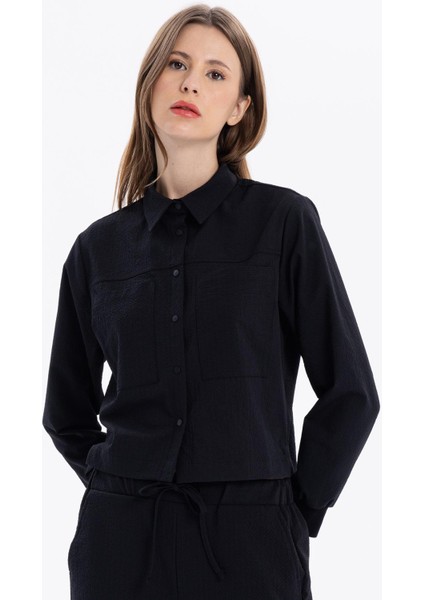 Gofre Desenli Oversize Cepli Kadın Gömlek